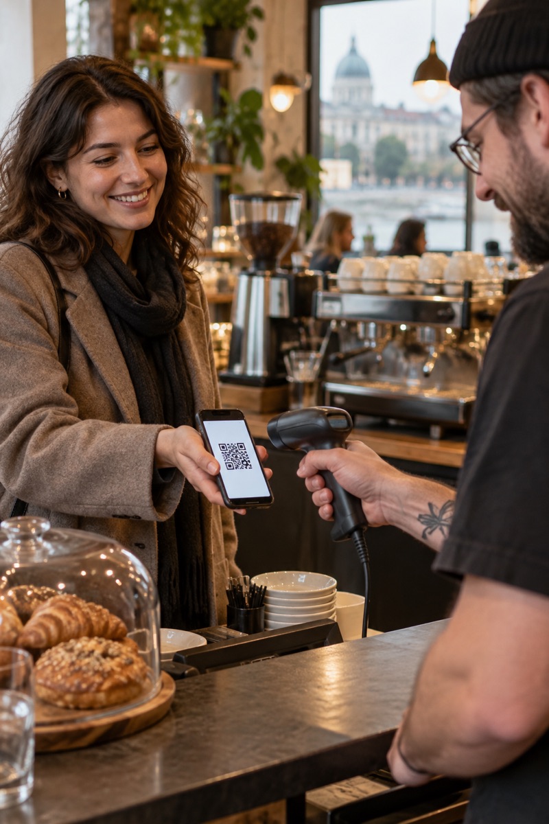 Vendég QR-kóddal gyűjt pontot a kávézó pultjánál